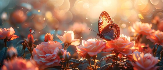 Poster - Blooming pink roses summer garden and flying fantasy peacock butterflies across a bright sunny glowing backdrop, a mysterious fairy tale wide panoramic banner of spring flowers.