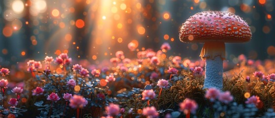 Sticker - Fantastic fairytale large mushroom in an enchanted forest, blooming pink rose flower garden and a shiny glowing sun ray in the morning on a blurred mysterious background.