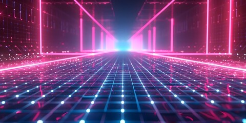 Poster - Glowing Neon Grid Lines Transporting Viewers to a Retro Futuristic Dimensional Realm with Copy Space