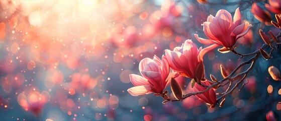 Sticker - In a mysterious fairy tale floral garden, a pink magnolia blossoms in bloom, a fabulous panoramic banner with a blurred sunny bright glowing background and copy space.