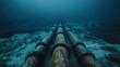 A long pipe is underwater with a blue background
