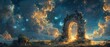 Magical mirage of an ancient gate and butterflies against a magical night sky with stars and clouds in a fairy tale panorama banner background.