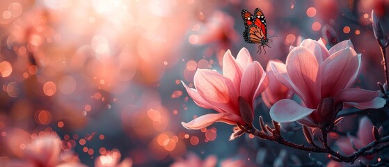 Sticker - Pink magnolia flowers and fluttering butterflies on a mysterious fantasy spring background with bokeh. Fabulous fairy tale floral wide banner with copy space.