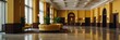 yellow theme luxury hotel reception lobby hall interior with columns wide angle panoramic from Generative AI