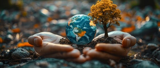 Wall Mural - Earth Day or World Environment Day concept. Save our Planet and Forest, restore and protect green nature, combat global warming and climate change. Trees and globes in human hands, choosing our