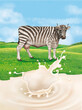 une vache zèbre  dans une prairie avec splash de lait