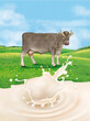 une vache dans une prairie avec splash de lait