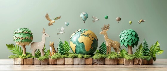 Wall Mural - An earth day or world animal day concept depicting an elephant, a tiger, a deer, a parrot and a tree with a globe in their hands.