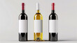 3 wine bottles with empty white labels mockup