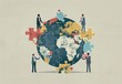 Diverse group of people standing around a globe with jigsaw puzzle pieces, conceptual image of global collaboration and teamwork