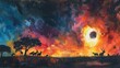 Animals gazing at a solar eclipse, watercolor, radiant hues, medium shot, against a lively, rainbowcolored sky