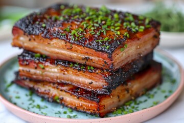 Wall Mural - Succulent Grilled Pork Belly with Crispy Skin on a Ceramic Plate, Garnished with Fresh Chives
