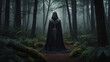 In a dimly lit forest clearing, a mysteriously veiled helical hunter with intricate silver jewelry and flowing ebony robes stands poised, her gaze focused and intense.
