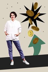 Poster - Vertical composite collage picture of cheerful girl arrow upwards flying money coins isolated on creative background