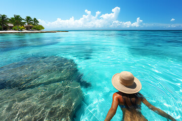 Woman swimming in turquoise ocean water on exotic island