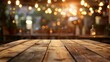 Warm light cascading over an empty wooden table at a local market bar, creating an inviting atmosphere for product display with a blurred background