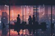 Silhouettes of professionals in a high-rise office with a dusk cityscape backdrop, encapsulating metropolitan business life..