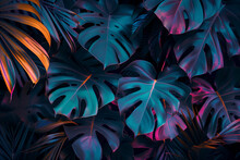 Abstract Seamless Pattern Tropical Background, Illustration Of Exotic Summer Leaf And Plants In Neon Colorful Colors. Flat Lay. 