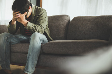 Wall Mural - sad serious illness man.depressed emotion panic attacks alone sick people fear stressful crying.stop abusing domestic violence,help person with health anxiety,thinking bad frustrated exhausted