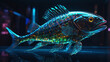 In a neon-lit aquarium, a stunningly augmented fishlike creature dazzles with its shimmering metallic scales.