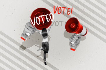 Poster - Collage image of black white effect arms hold loudspeaker mini girl voted political elections isolated on grey background