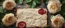 On Sackcloth, There Is A Floral Background With Cream Roses And A Postcard With A Place For Your Text And A Red Wax Seal