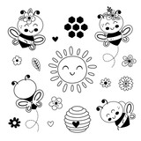 Fototapeta Dinusie - set isolated with outline cute bees, sun, flowers