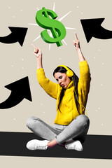 Poster - Vertical composite collage picture of cool girl listen music earphones arrow up dollar symbol isolated on creative background
