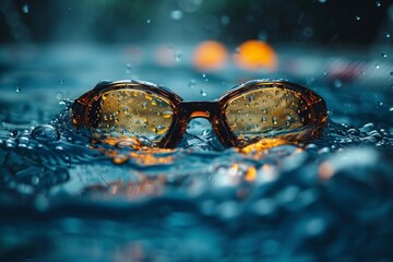 Poster - Raindrops bejewel a pair of goggles laying on a reflective water-covered surface, with a blurred background