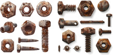 Metal Round And Hexagon Shaped Nuts, Nails And Rivets With Grunge Rust Texture Vector Set