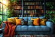 Reading book in a cozy atmosphere in a rustic house. A cozy nook, adorned with plump cushions and a well-loved book, beckoning for a leisurely afternoon of reading.
