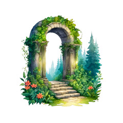  Magical mystery forest arch, architect, fantasy style for kids picture books, watercolor illustration, clipart, isolated, lush green vines, flowers, forest, nature