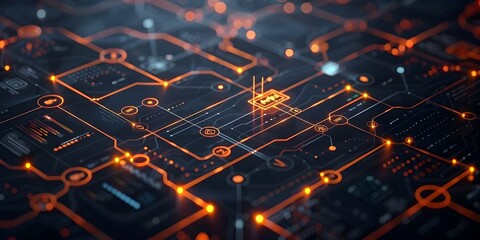 Poster - an intricate flowchart mapping out the digital processes driving success in a futuristic technologic