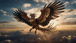 In the center of a vast open sky, a heavenly steampunk phoenix rises, its mechanical wings gleaming in the sunlight.