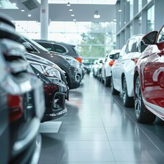 Poster - A wide shot of rows of cars neatly lined up in a showroom. 