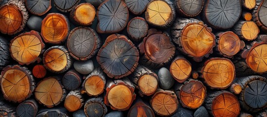 Wall Mural - A pile of Wood logs stacked in a circular pattern, creating a natural material art installation. This event showcases the beauty of logging and the versatility of Wood as a plantbased material