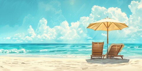 Poster - Peaceful beach scene with two lounge chairs under a parasol on a sandy shore