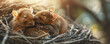 Three mice cuddle together in nest of twigs bathed in warm sunlight in habitat
