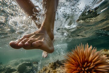 Wall Mural - Human feet swimming above a sea urchin and fish in sunlit underwater scene