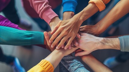 Wall Mural - Diverse team stacking hands in gesture of unity and teamwork