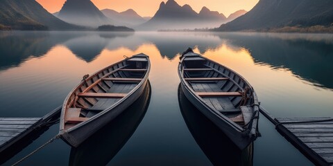 Wall Mural - Bask in tranquility as boats gently sway at the pier, the serene waters mirroring the ethereal sky, evoking a sense of calm and relaxation.