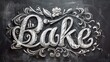 Stylized 'Bake' word surrounded by bakery-themed illustrations on dark background