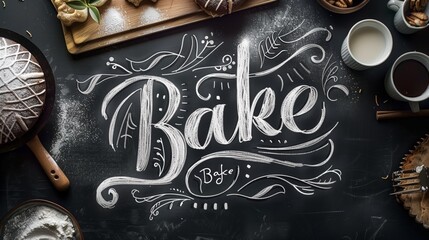 Canvas Print - Stylish top-down baking setup with 'Bake' written in flour and utensils