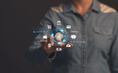 Poster - Businessman scanning fingerprint to access banking app. Personal data protection with advanced security system.