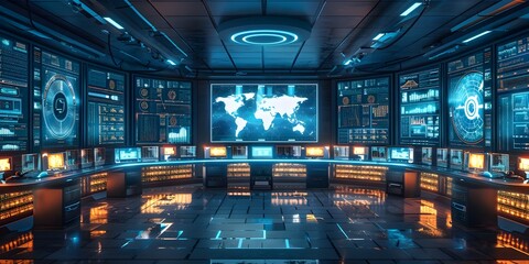Poster - Cutting Edge Network Center Monitoring Global Data Traffic and Futuristic Digital Displays