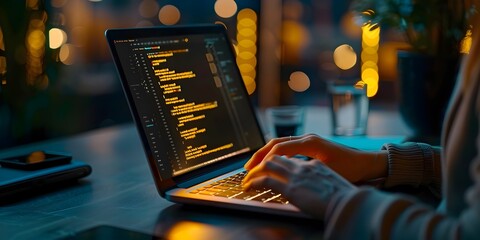 Poster - innovative app developer coding on laptop at night with blurred lights