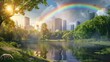 Urban park with skyline and rainbow over water and a white fox