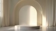 Minimalist interior with round pedestal in arched alcove and curtains