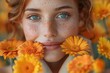 A vibrant portrait of a young woman amongst a sea of orange flowers, highlighting her freckled skin and blue eyes