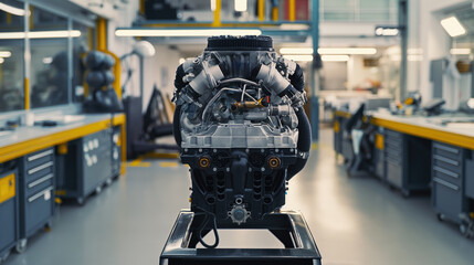 Wall Mural - Car engine on a stand in a workshop ready for overhauling.